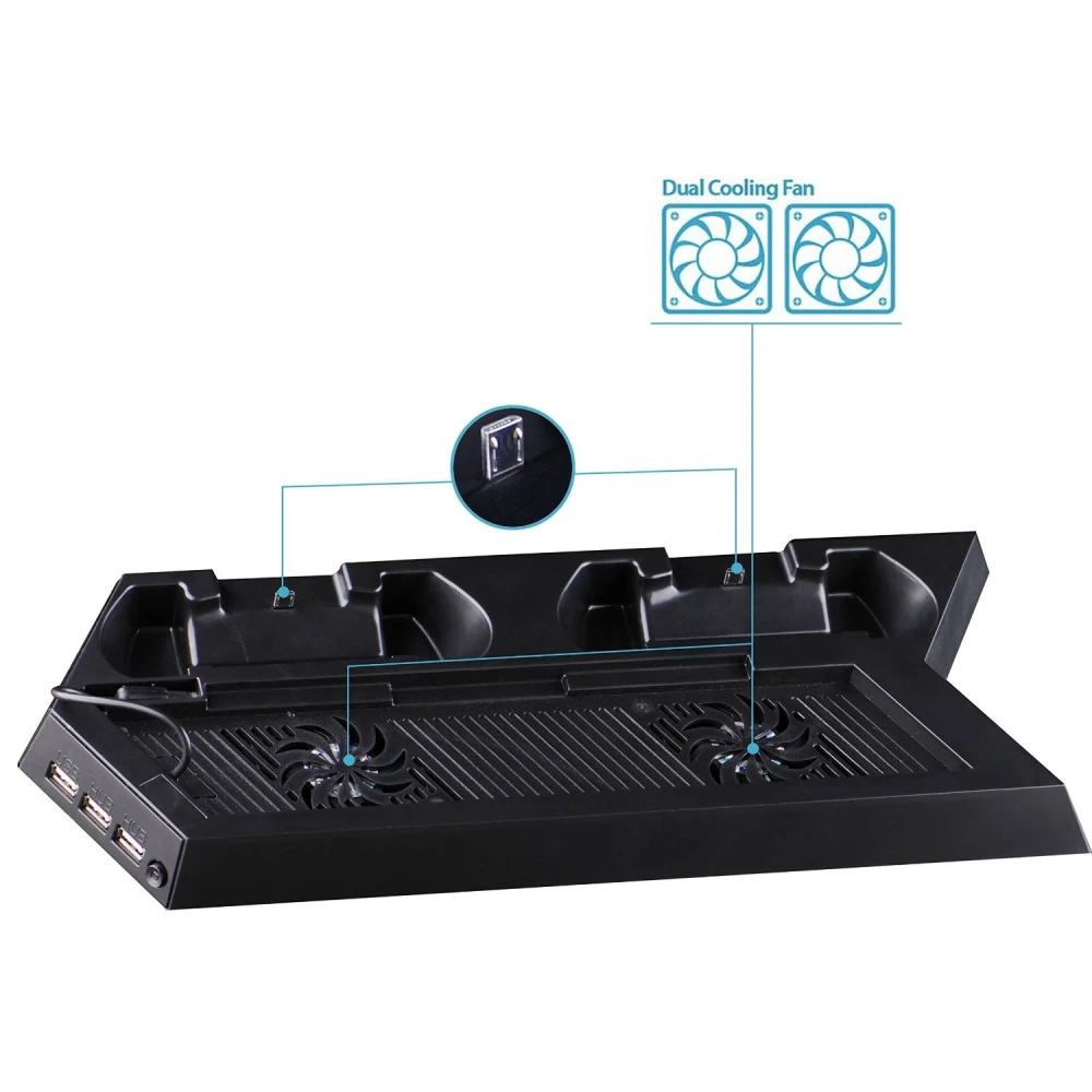 Detalle de los 3 puertos USB adicionales en soporte vertical PS4