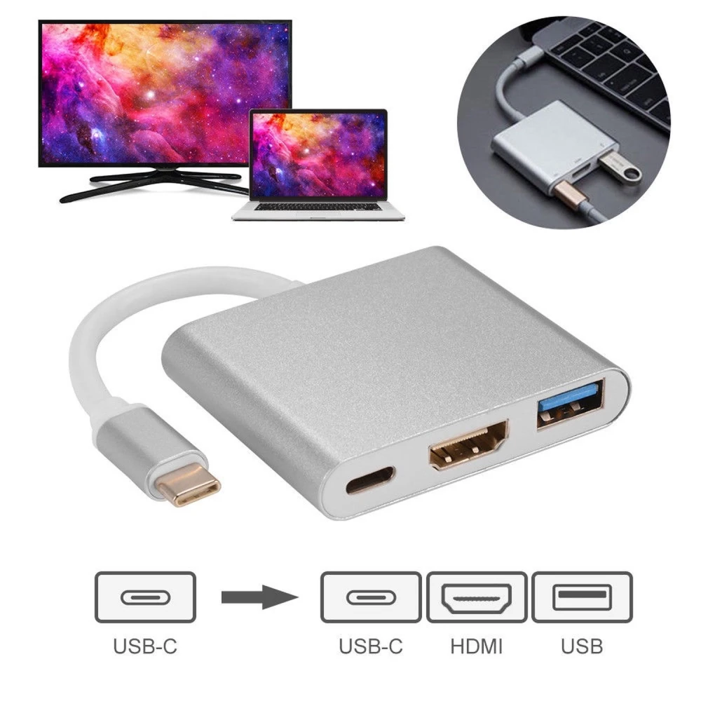 Vista lateral del adaptador USB C a HDMI 4K con puerto USB 3.0 y carga