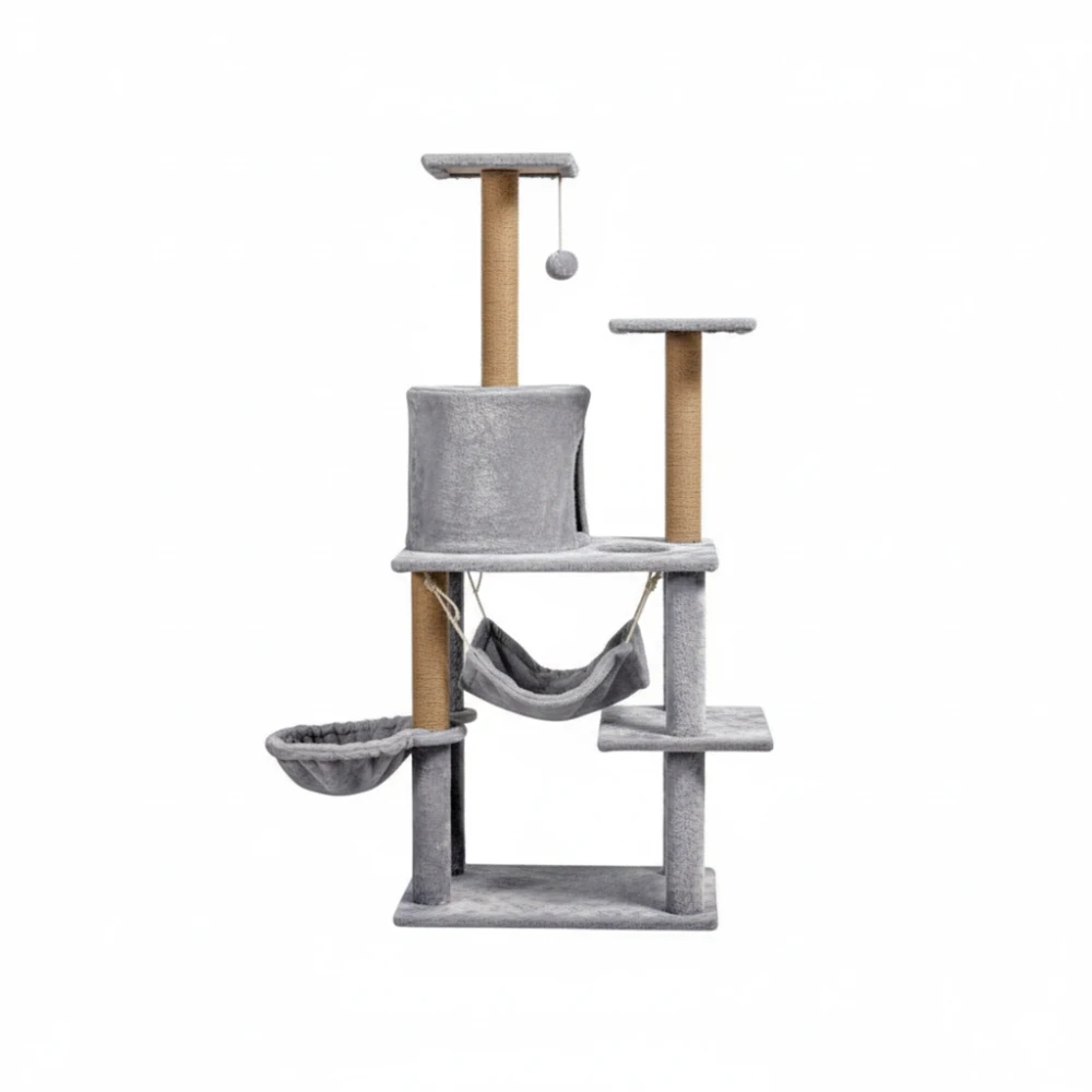 125 cm-es macskabútor függőággyal, kuckóval és szizál oszlopokkal