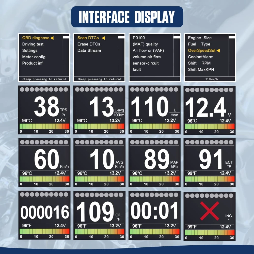 Autool X60 conectado al puerto OBD-II de un coche mostrando datos en HUD