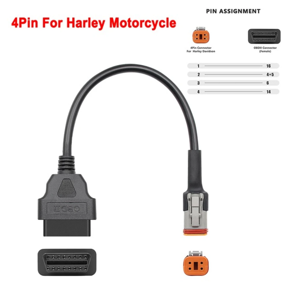 Cable adaptador Harley Davidson OBD1 4 pines a OBDII 16 pines conectado a herramienta de diagnóstico