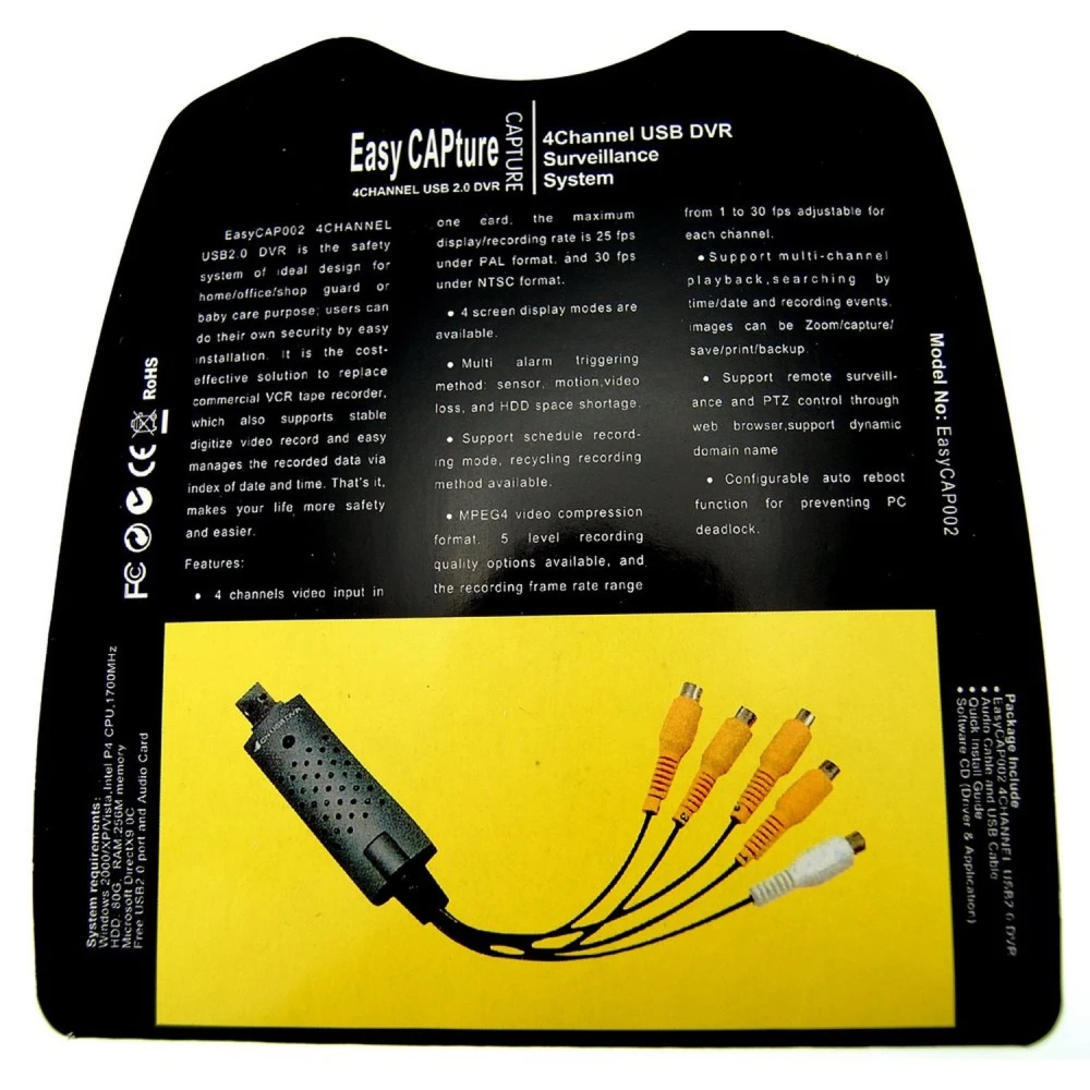 Conexiones de entrada de video RC en capturadora Easycap 4 canales