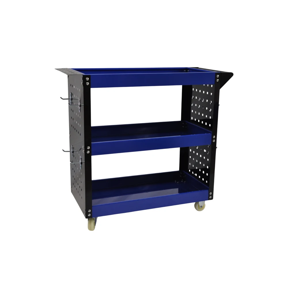 Professzionális műhelykocsi 3 polccal, oldaltálcákkal és kampókkal a műhely rendszerezéséhez