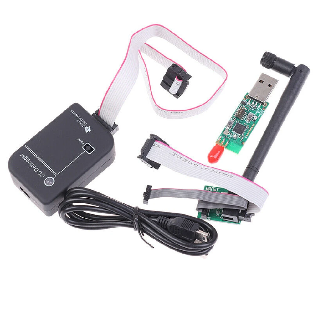 Vista frontal del CC Debugger Zigbee Programador CC2531 con accesorios incluidos