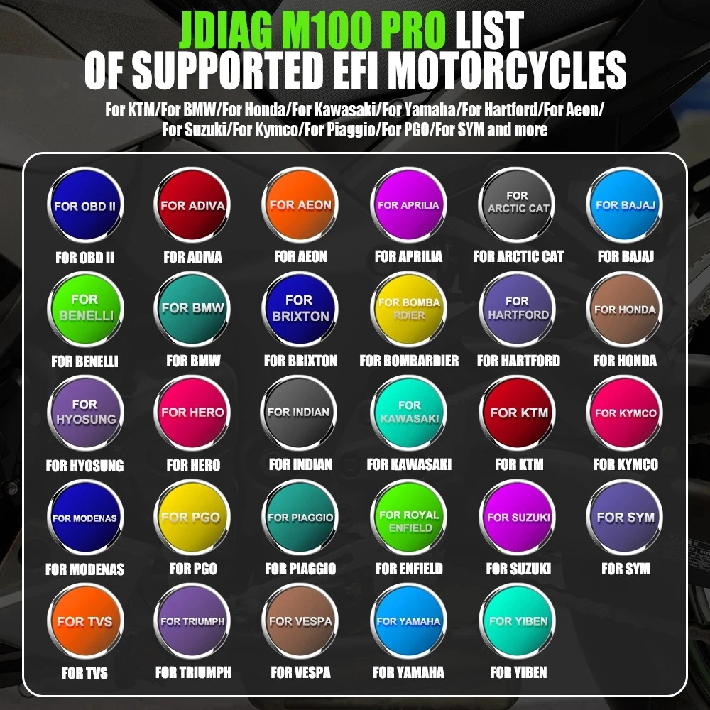 JDiag M100 Pro OBD motoros diagnosztikai szkenner KTM, Honda, Yamaha, Kawasaki, BMW javításhoz