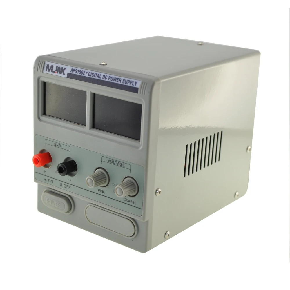Vista lateral de la fuente alimentacion regulable Mlink APS1502+ mostrando controles y display