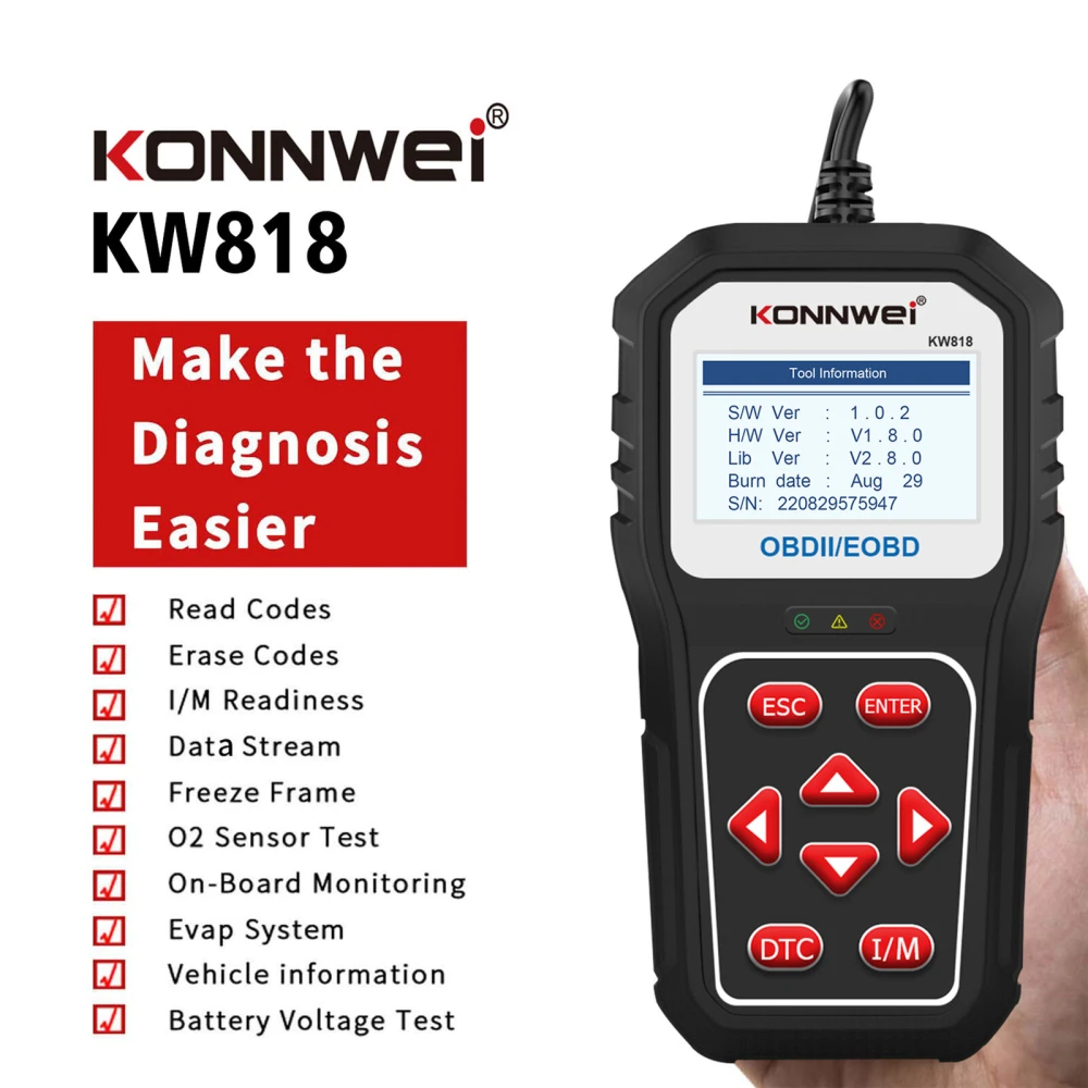 KONNWEI KW818 OBD2 diagnosztikai műszer: OBDII kódolvasó 1996-tól