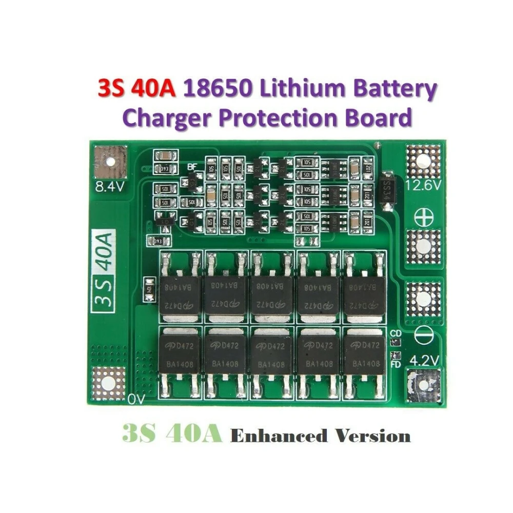 Placa de protección para baterías de litio 3S 40A con componentes electrónicos