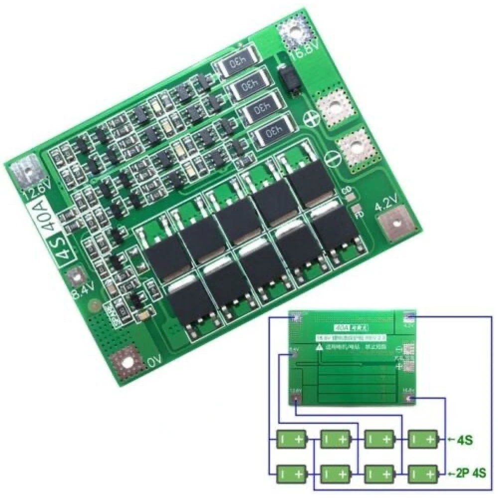 Vista lateral de la placa de protección equilibrada 4S 40A para batería de litio