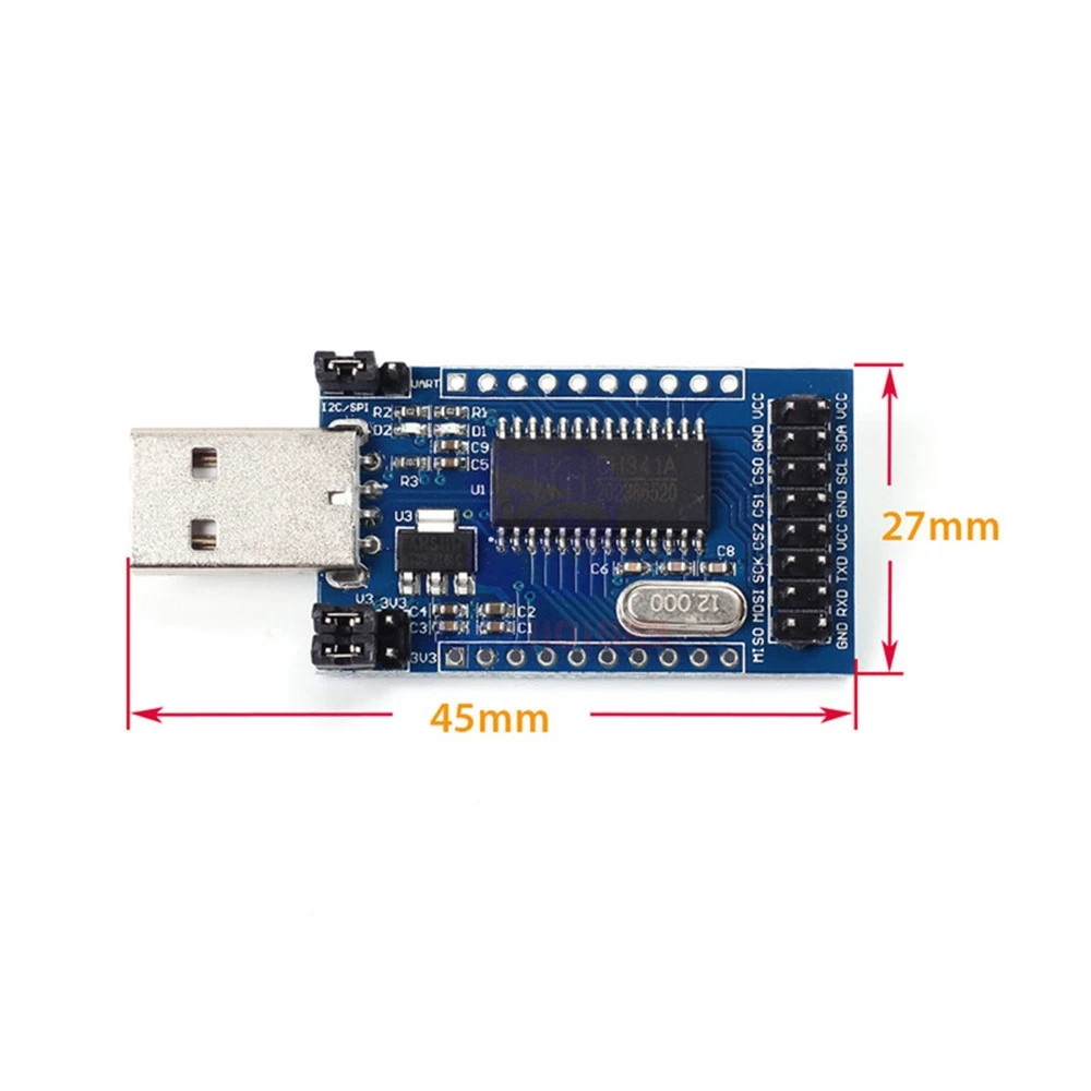 Programador CH341A USB a UART IIC SPI I2C mostrando conexiones y puentes