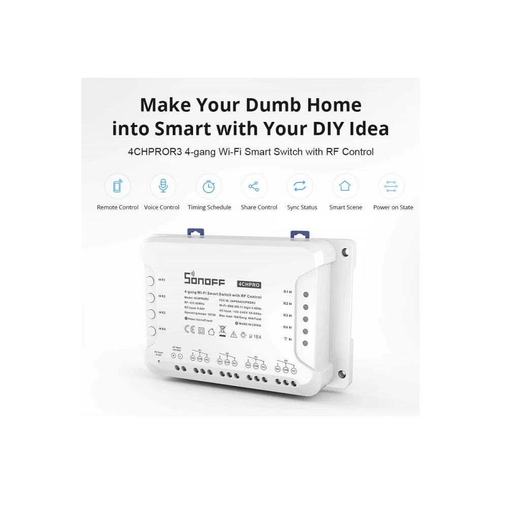 Sonoff 4CH Pro R3 4 csatornás WiFi kapcsoló okosotthonhoz, Alexa és Google Home kompatibilis