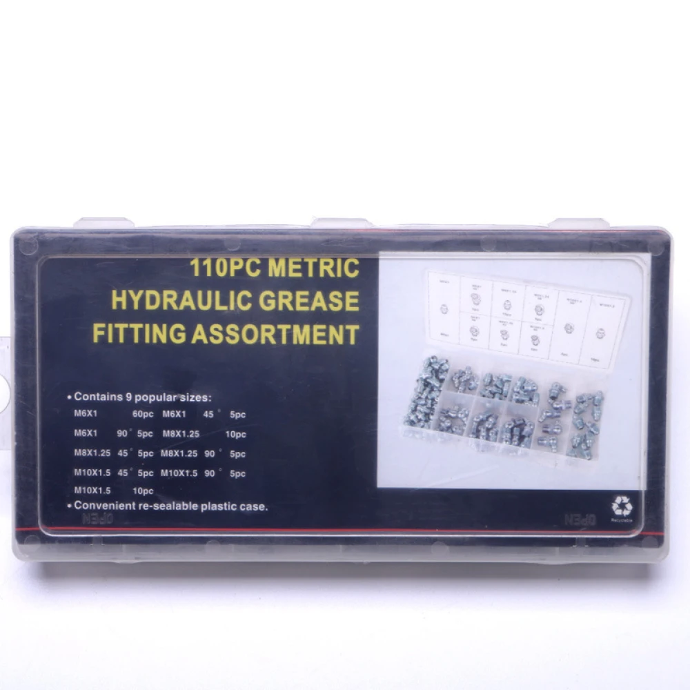Caja plástica con surtido de racores de engrase hidráulica para prensas engrasadoras
