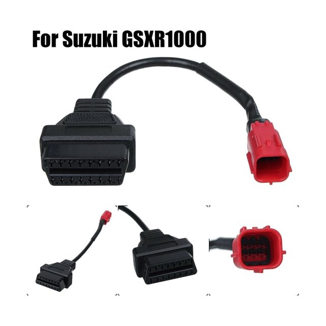 Rövid Suzuki-motorkerékpár-adapterkábel piros, 6 pólusú csatlakozóval és fekete, 16 pólusú OBD2-csatlakozóval