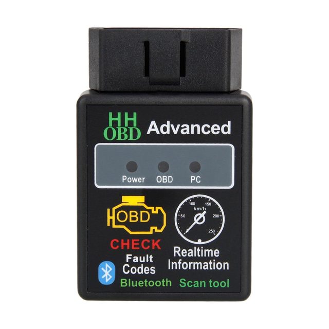 Fekete HH OBD Advanced ELM327 Bluetooth adapter elölről, Power, OBD és PC jelzőfényekkel