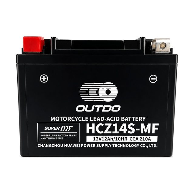 OUTDO HCZ14S-MF, YTZ14S motorakkumulátor elölnézetből, mindkét saruval