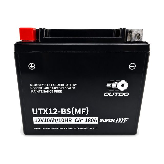 OUTDO UTX12-BS, YTX12-BS motorakkumulátor elölnézetből, mindkét saruval