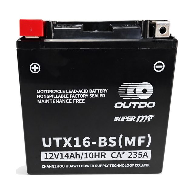 OUTDO UTX16-BS, YTX16-BS motorakkumulátor elölnézetből, mindkét saruval