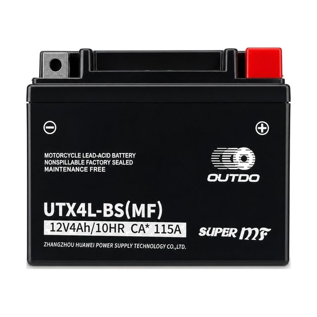 OUTDO UTX4L-BS, YTX4L-BS motorakkumulátor elölnézetből, mindkét saruval